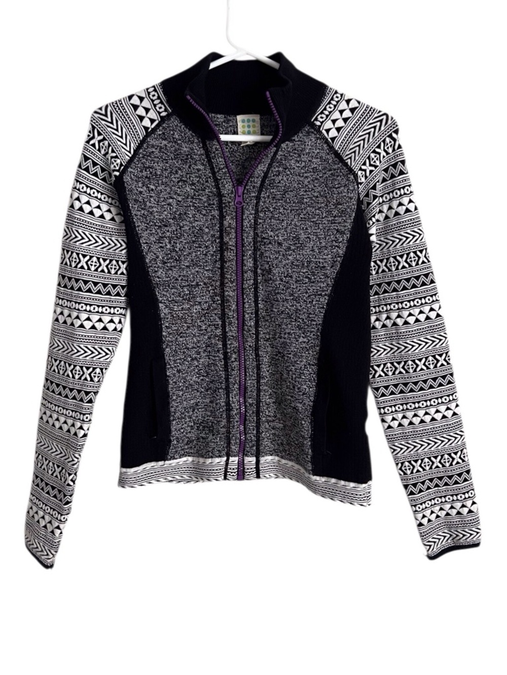 Title Nine Full Zip Sweater Fair Isle Nordic Merino Wool Blend Black White XS